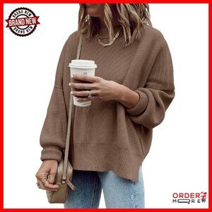 Oversized Ribbed Knit Pullover Sweater Side Slit Tunic Fall Winter